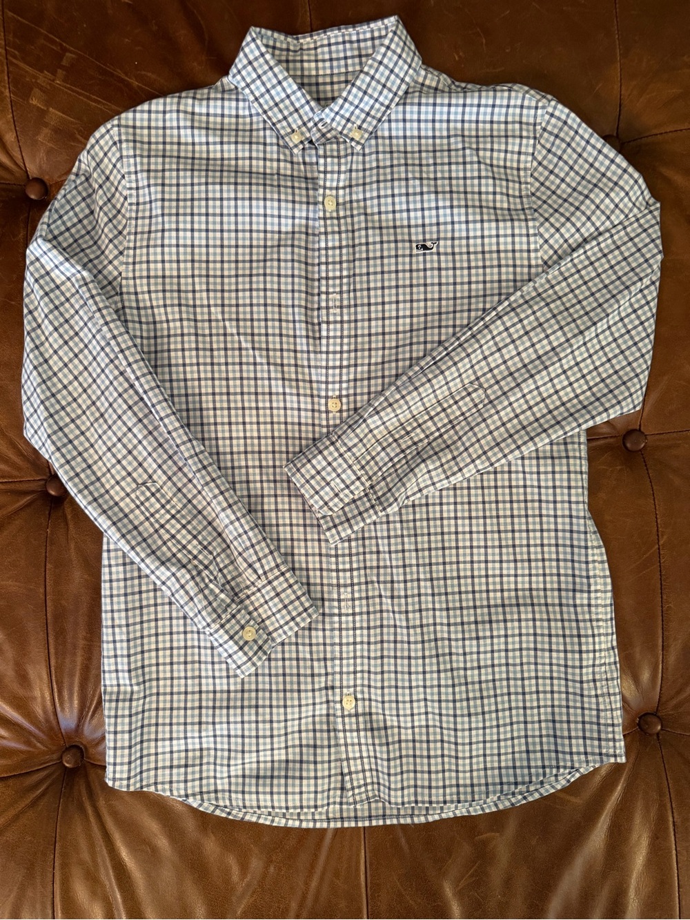 BNWOT boys M (12-14) vineyard vines plaid button long sleeve down blue/white.